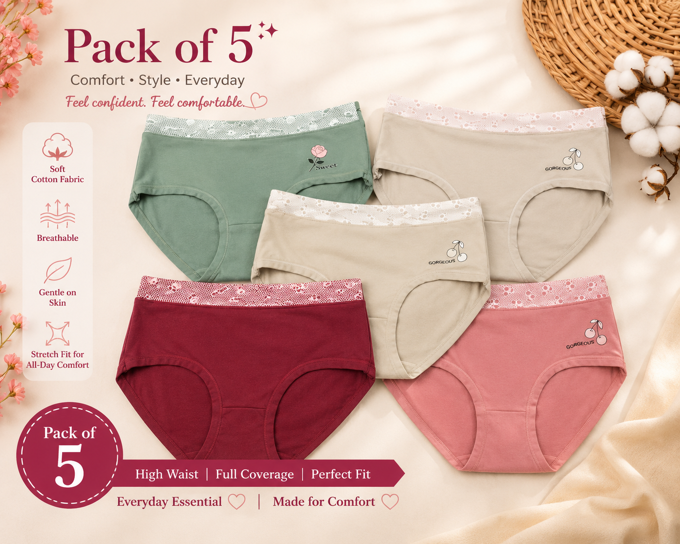 Pack of 5 Seamless Cotton Panties Underwear XXL