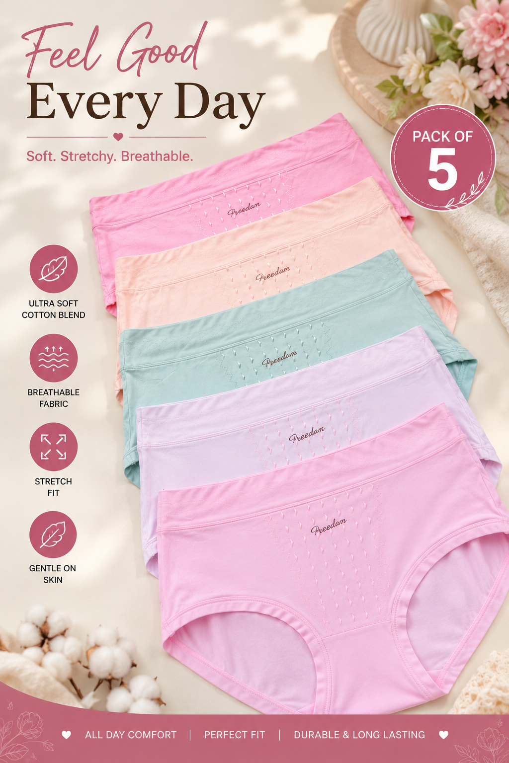 Pack of 5 Seamless Cotton Panties Underwear XXXL PLUS SIZE