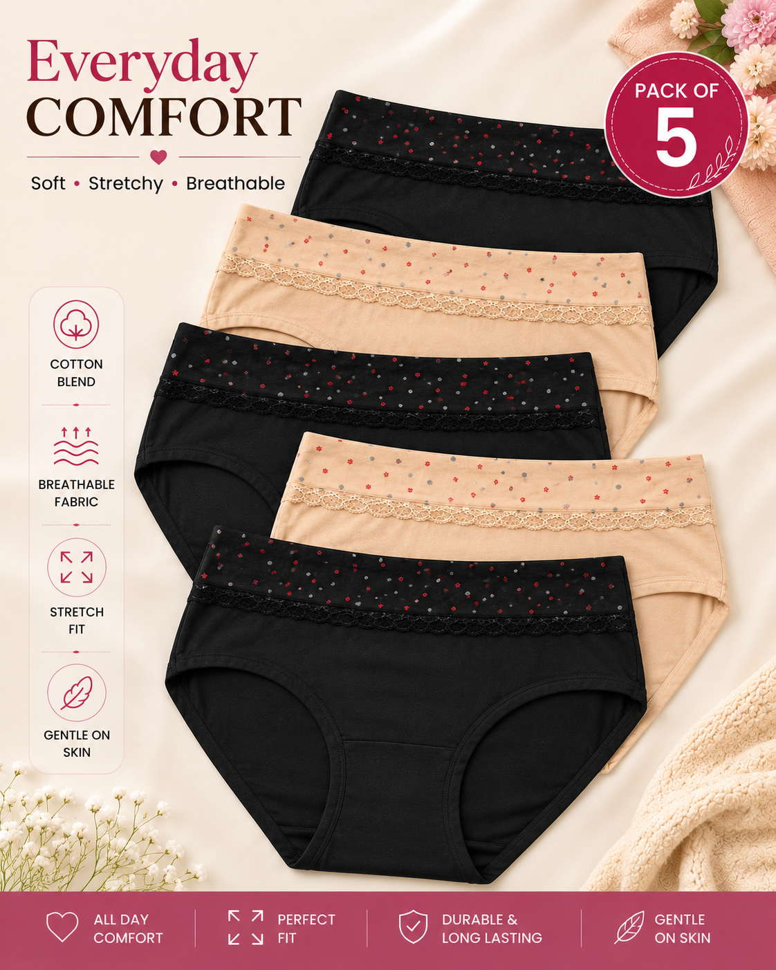 Pack of 5 Comfort Panties PLUS SIZE XXL Seamless